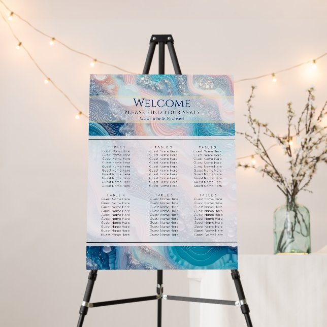 Ethereal Blue Agate & Rose Gold Seating Chart Foam Board (In Situ (Stand))