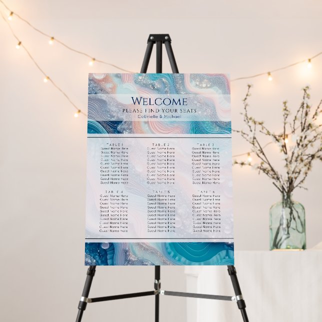 Ethereal Blue Agate & Rose Gold Seating Chart Foam Board (In Situ (Stand))