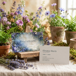Ethereal Blue and Purple Floral Border Gold Frame Business Card