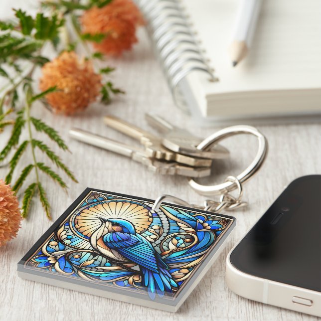 Ethereal Blue Bird Perched on Window Keychain (Front Right)