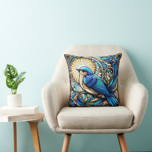 Ethereal Blue Bird Perched on Window Throw Pillow