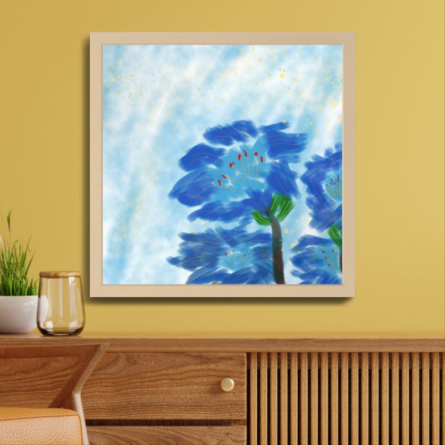 Ethereal Blue Blossom Flower - Digital Art Poster (Living Room)
