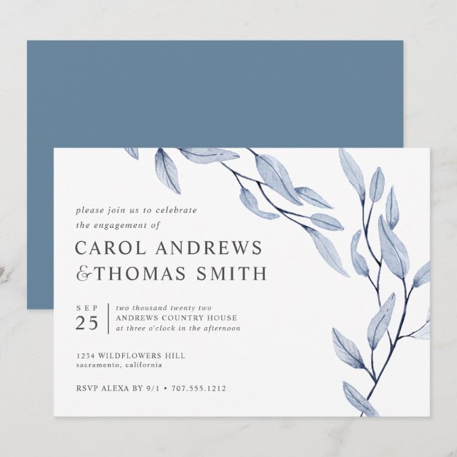 Ethereal Blue | Chic Botanical Engagement Party Invitation (Front/Back)