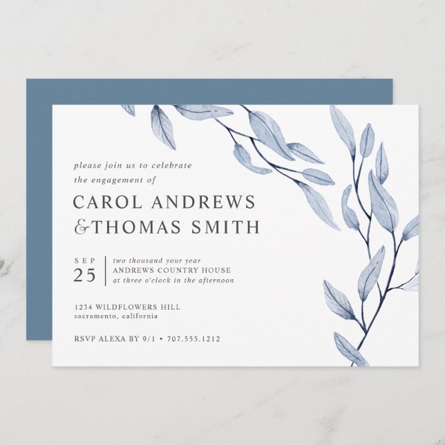 Ethereal Blue | Chic Botanical Engagement Party Invitation (Front/Back)