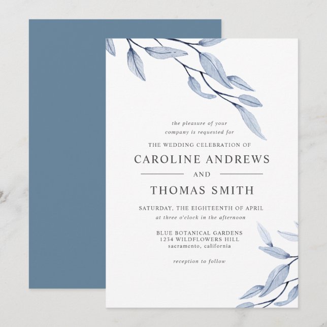 Ethereal Blue | Elegant Botanical Leaves wedding Invitation (Front/Back)