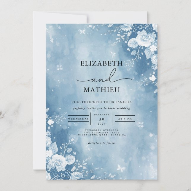 Ethereal Blue Floral Frost Wedding Invitation (Front)