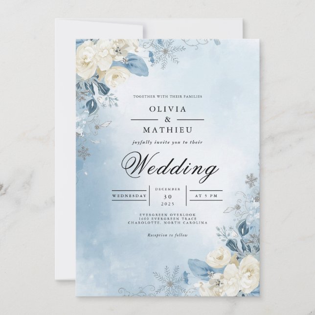 Ethereal Blue Floral Frost Wedding Invitation (Front)