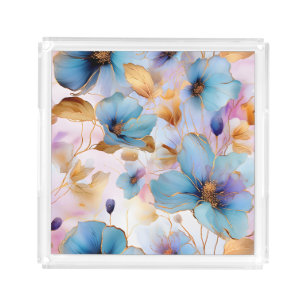 Ethereal Blue Flowers in Soft Pastels Alcohol Ink Acrylic Tray