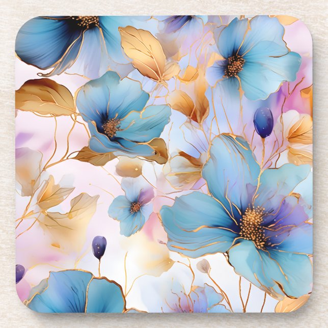 Ethereal Blue Flowers in Soft Pastels Alcohol Ink Beverage Coaster (Front)