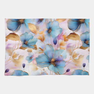 Ethereal Blue Flowers in Soft Pastels Alcohol Ink Kitchen Towel
