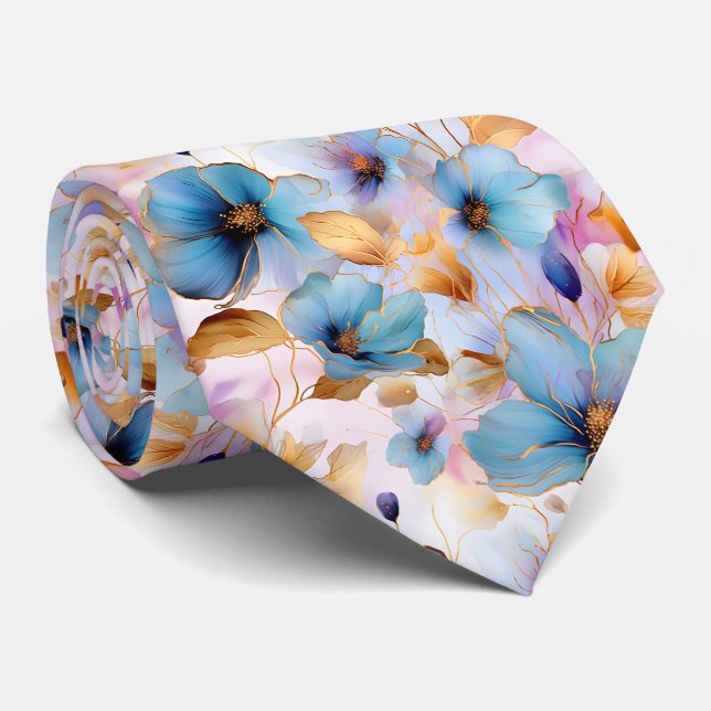 Ethereal Blue Flowers in Soft Pastels Alcohol Ink Neck Tie (Rolled)