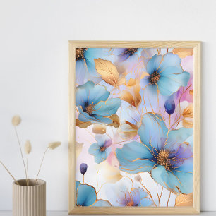 Ethereal Blue Flowers in Soft Pastels Alcohol Ink Poster
