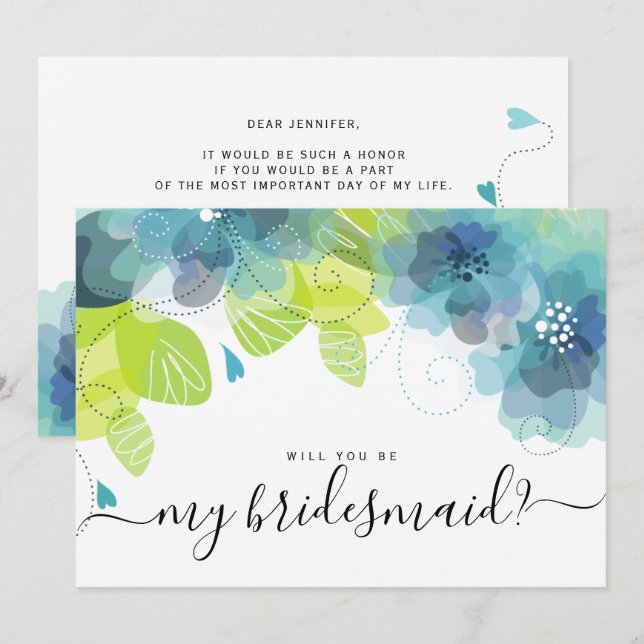 Ethereal blue flowers will you be my bridesmaid invitation (Front/Back)