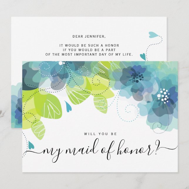Ethereal blue flowers will you be my maid of honor invitation (Front/Back)