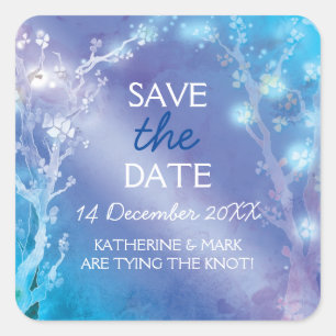 Ethereal Blue Forest Wedding Save the Date Square Sticker