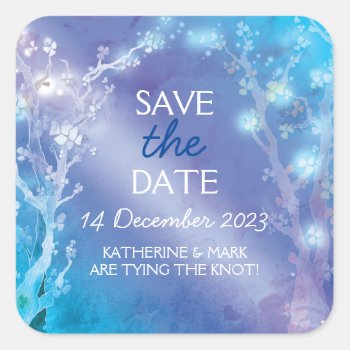 Ethereal Blue Forest Wedding Save The Date Square Sticker by BridalHeaven at Zazzle