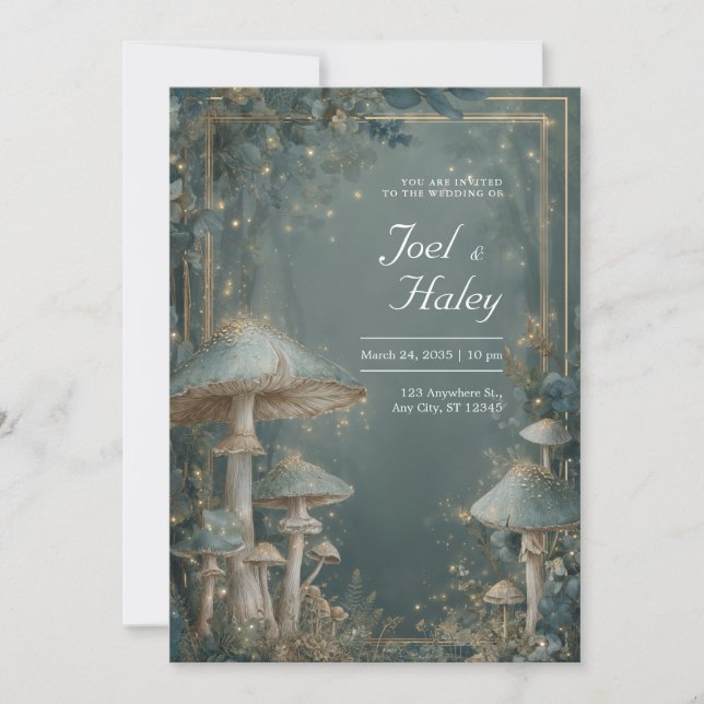 Ethereal Blue Gray Mushroom Forest Gold Light Invitation (Front)