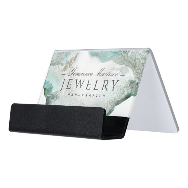 Ethereal Blue Green Agate Jewelry Designer Desk Business Card Holder (Angled Front)