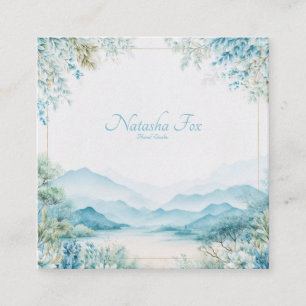 Ethereal Blue Mountain Floral Gold Frame Serene Square Business Card