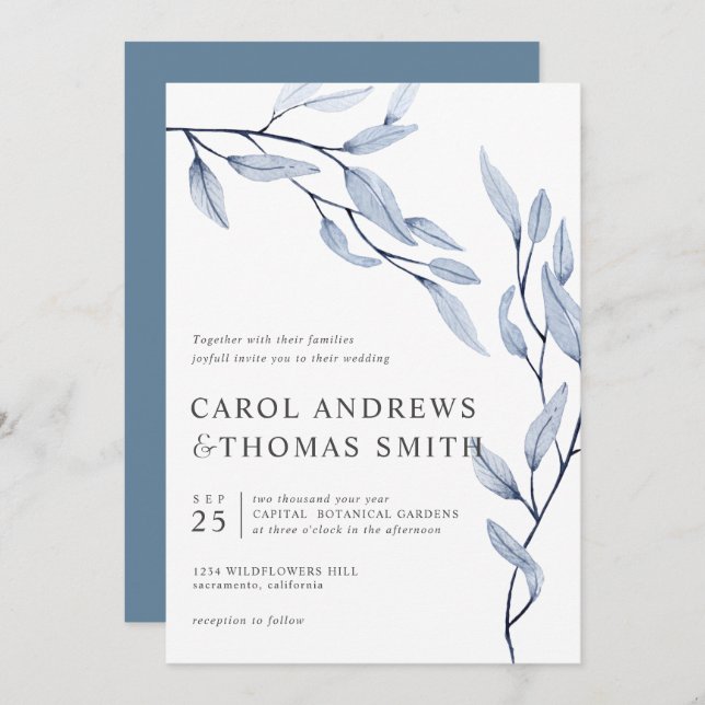 Ethereal Blue | Vertical Botanical Leaves wedding Invitation (Front/Back)