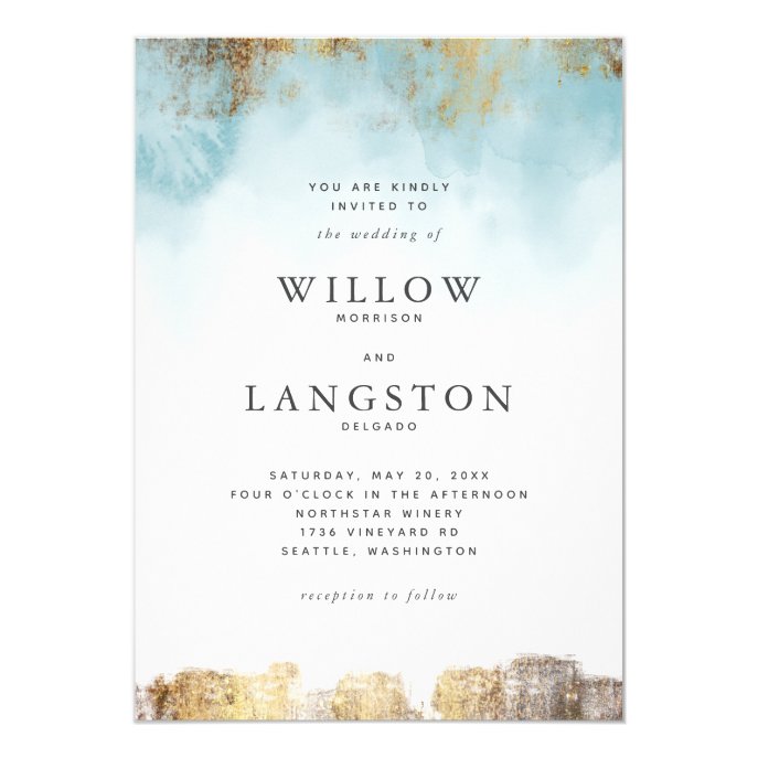 Ethereal Blue Watercolor and Gold Wedding Invitation