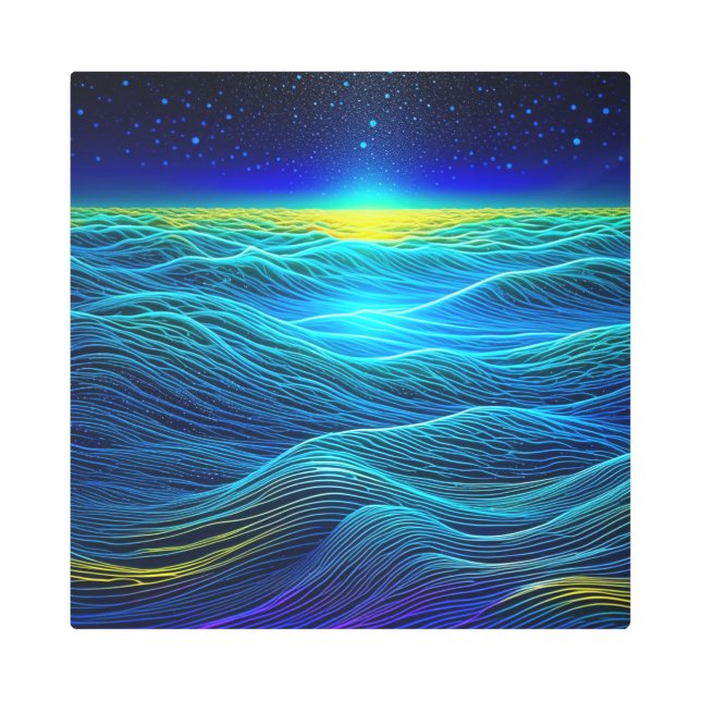Ethereal Blue Waves and Ocean Sunset Metal Print (Front)