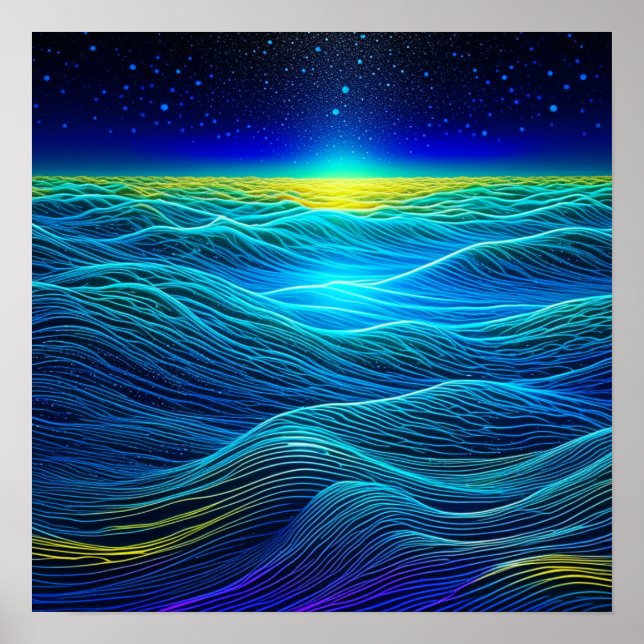 Ethereal Blue Waves and Ocean Sunset Poster (Front)