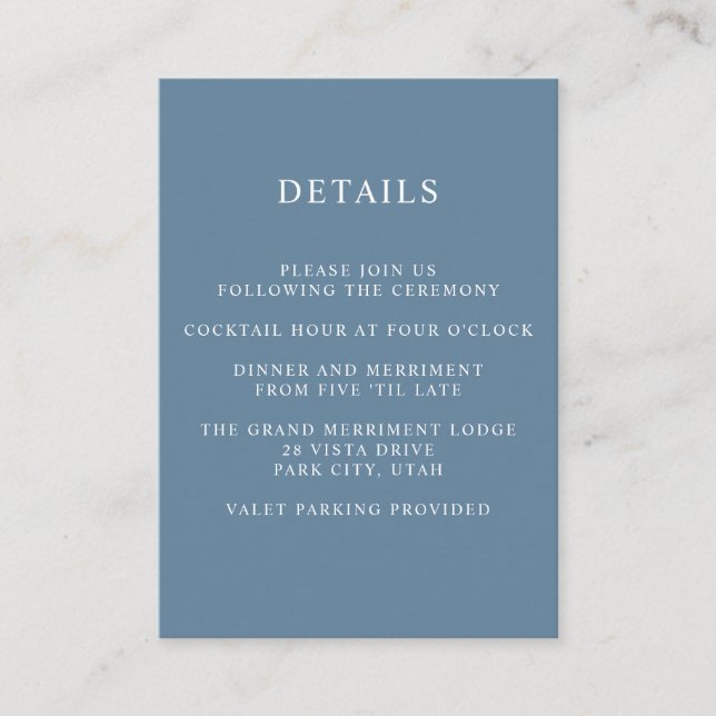 Ethereal Blue  WEDDING Hotel details Accommodation Enclosure Card (Front)