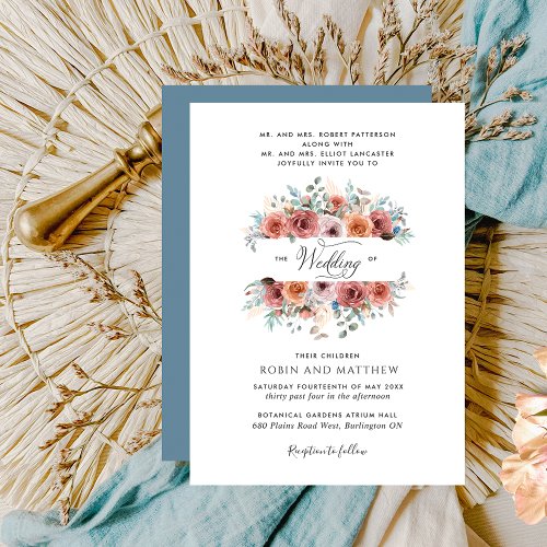 Ethereal Blush Peach and Blue Floral Wedding Invitation