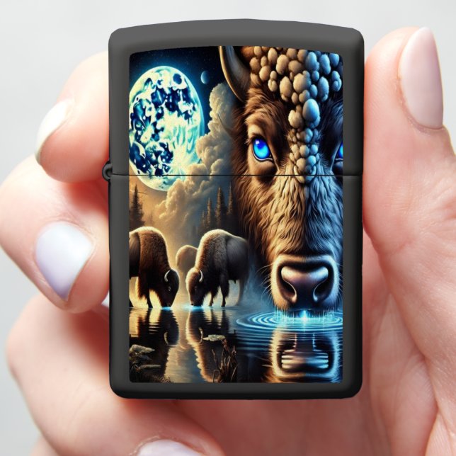 Ethereal Buffaloes Amid Cosmic Reflections Scene Zippo Lighter (In Hand)