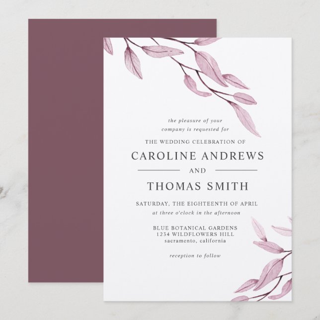 Ethereal Burgundy | Botanical Leaves wedding Invitation (Front/Back)