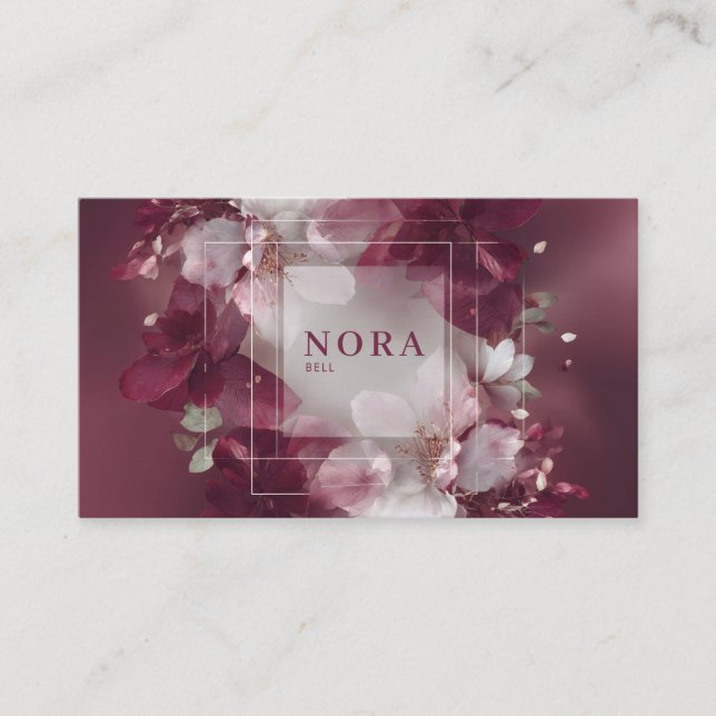 Ethereal Burgundy Floral White Frame Modern Business Card (Front)