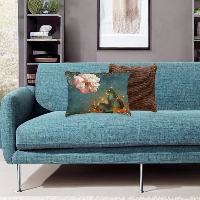 Ethereal Butterfly Bokeh and Peony Teal and Peach Accent Pillow (Creator Uploaded)