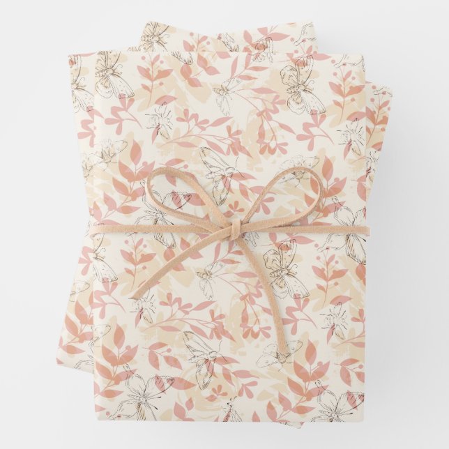 Ethereal Butterfly & Botanical Leaf Pattern Wrapping Paper Sheets (In situ)