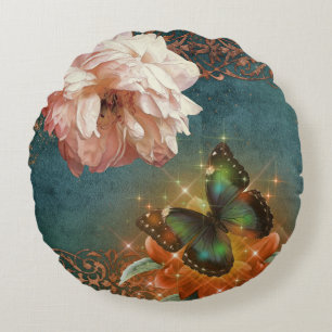 Ethereal Butterly Bokeh and Peony Teal and Peach Round Pillow