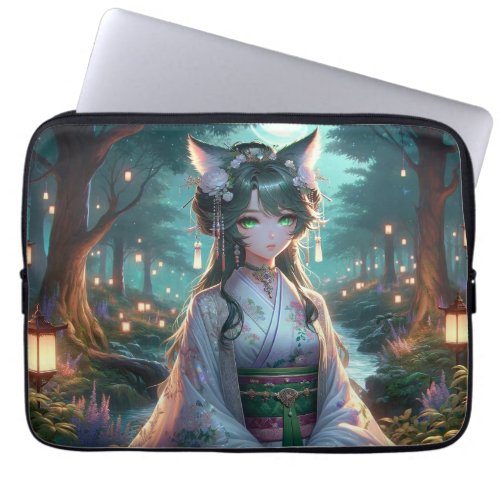Ethereal Catgirl Amidst Forest Lanterns  Laptop Sleeve