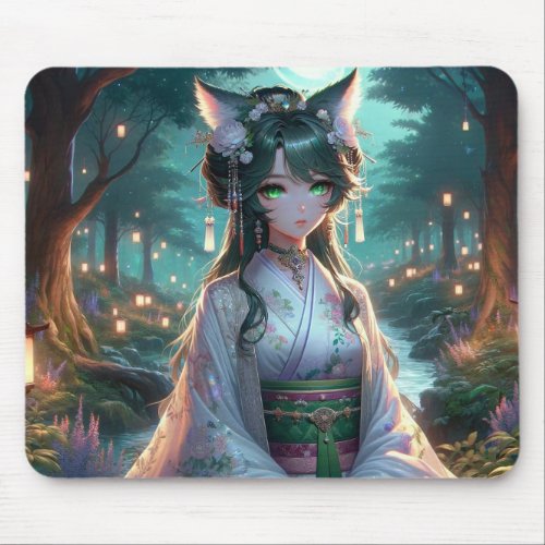 Ethereal Catgirl Amidst Forest Lanterns Mouse Pad