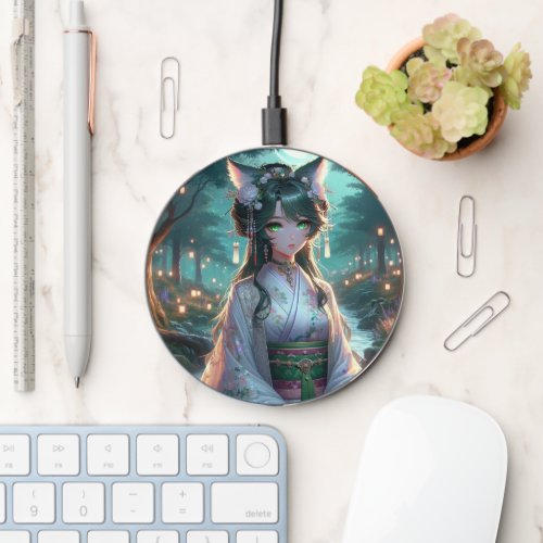 Ethereal Catgirl Amidst Forest Lanterns Wireless Charger