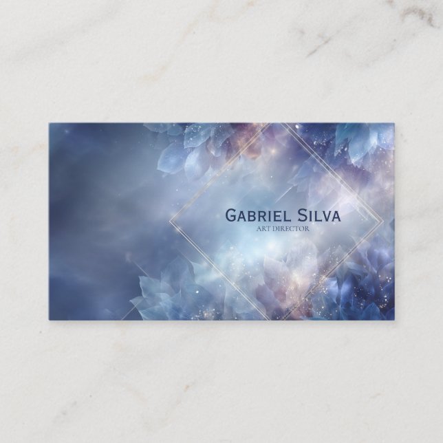 Ethereal Celestial Blue Crystalline Gold Diamond Business Card (Front)