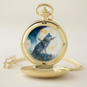 Ethereal Celestial Wolf Moonlit Night Vintage Pock Pocket Watch