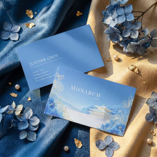 Ethereal Chinoiserie Blue Floral Pagoda Landscape Business Card