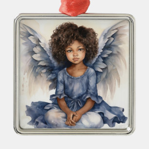 Ethereal Christmas Black Angel in Blue Elegance Metal Ornament