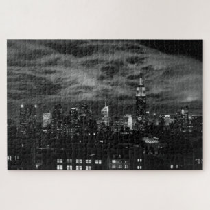 Ethereal Clouds: NYC Skyline, Emp St Bldg BW Jigsaw Puzzle