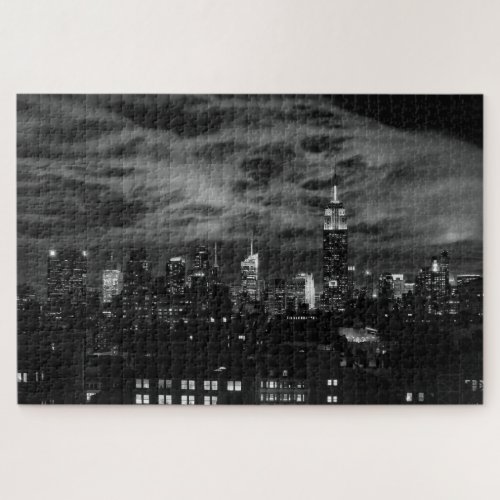 Ethereal Clouds NYC Skyline Emp St Bldg BW Jigsaw Puzzle