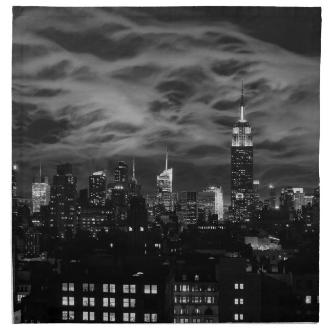 Ethereal Clouds: NYC Skyline, ESB Black and White Cloth Napkin (Front)