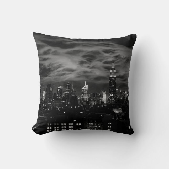 Ethereal Clouds: NYC Skyline, ESB Black and White Throw Pillow (Front)