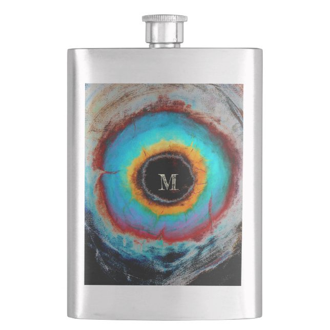 Ethereal Cosmic Eye Monogram Vibrant Abstract Art Flask (Front)