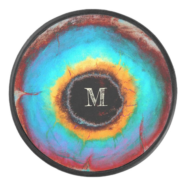 Ethereal Cosmic Eye Monogram Vibrant Abstract Art Hockey Puck (Front)