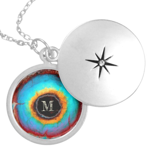 Ethereal Cosmic Eye Monogram Vibrant Abstract Art Locket Necklace (Front)