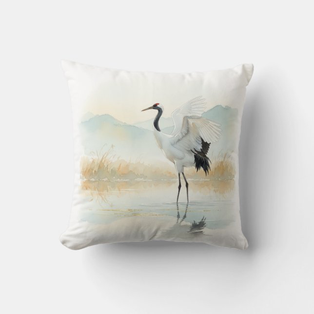 Ethereal Crane Elegance Throw Pillow (Front)